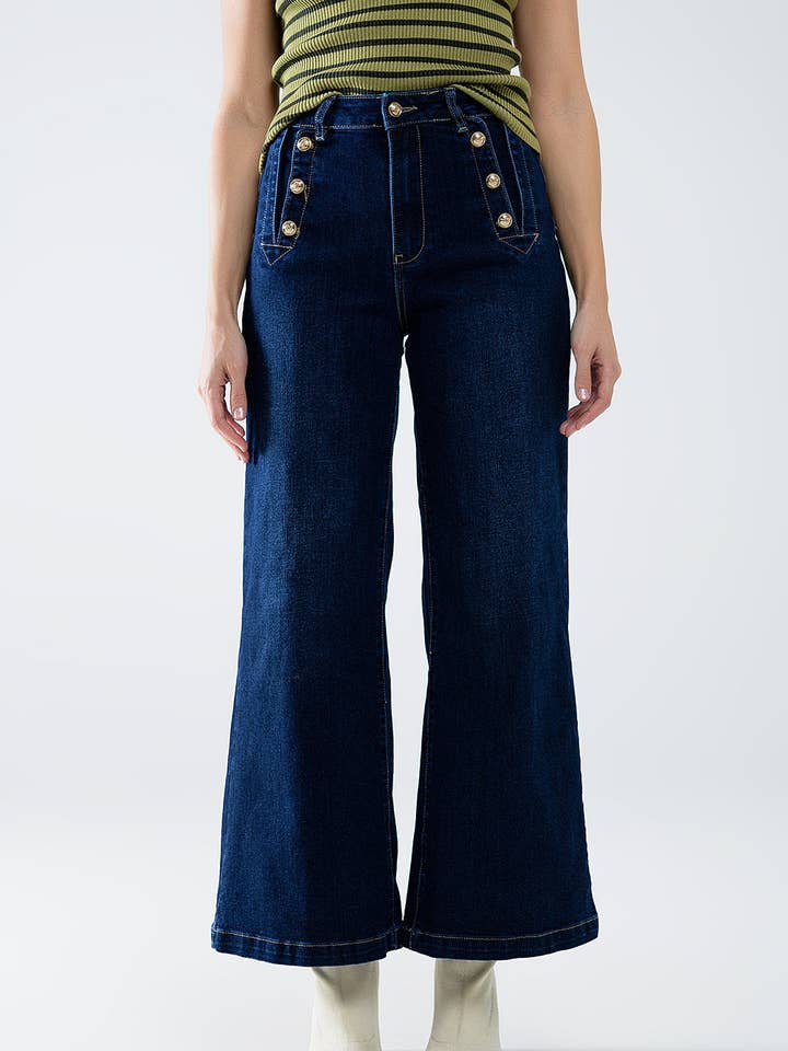 Blue Marine-style Wide Leg Jeans With Gold Buttons for wholesale on Faire