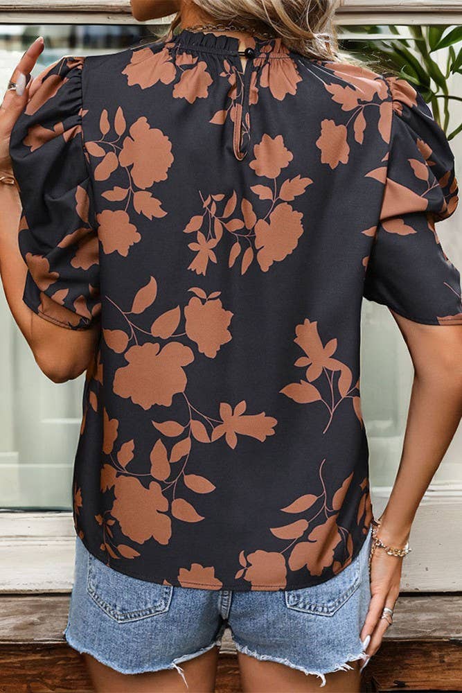 Nero Camicetta con maniche a sbuffo con stampa floreale con scollo a balze in vendita all'ingrosso su Faire2