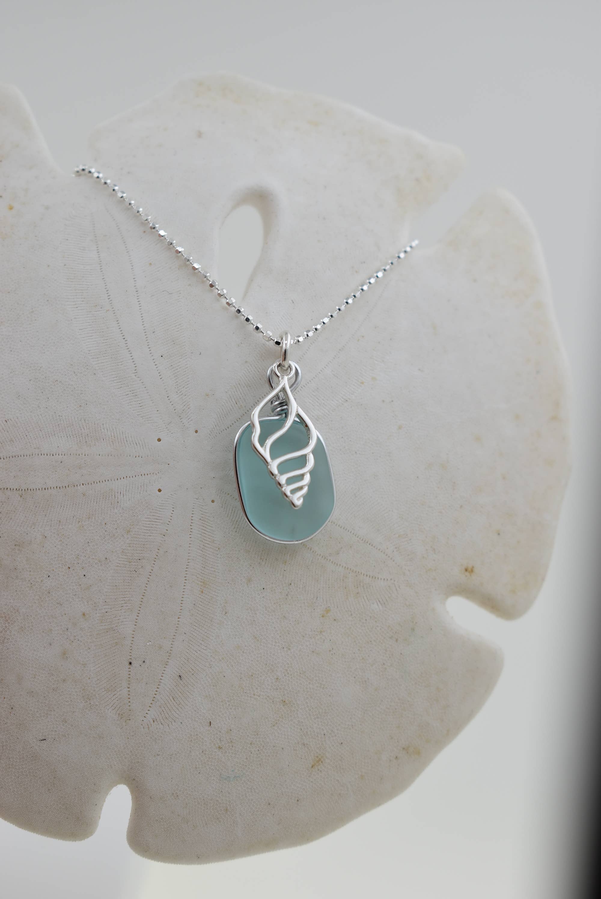 Whitelotus Design - Wholesale Pendant/Charm Necklace - Eco glass "shell" silver necklace - Seaglass Aqua blues2