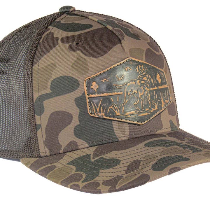 Zep-Pro - Wholesale Trucker Hat - Men's - Dog Old School Camo Trucker Hat. Hand Burnished Full Grain Leather Patch. 5-Panel Richardson 112 Snapback Cap. Stitched Dog Leather Patch.