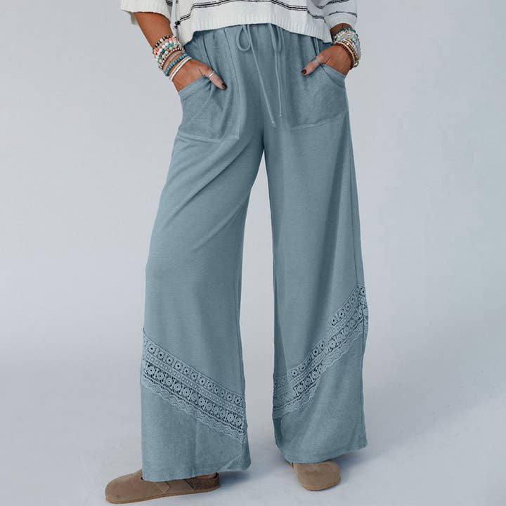 SOLID HIGH-WAISTED LACE CROCHET WIDE-LEG PANTS for wholesale by Lily Clothing