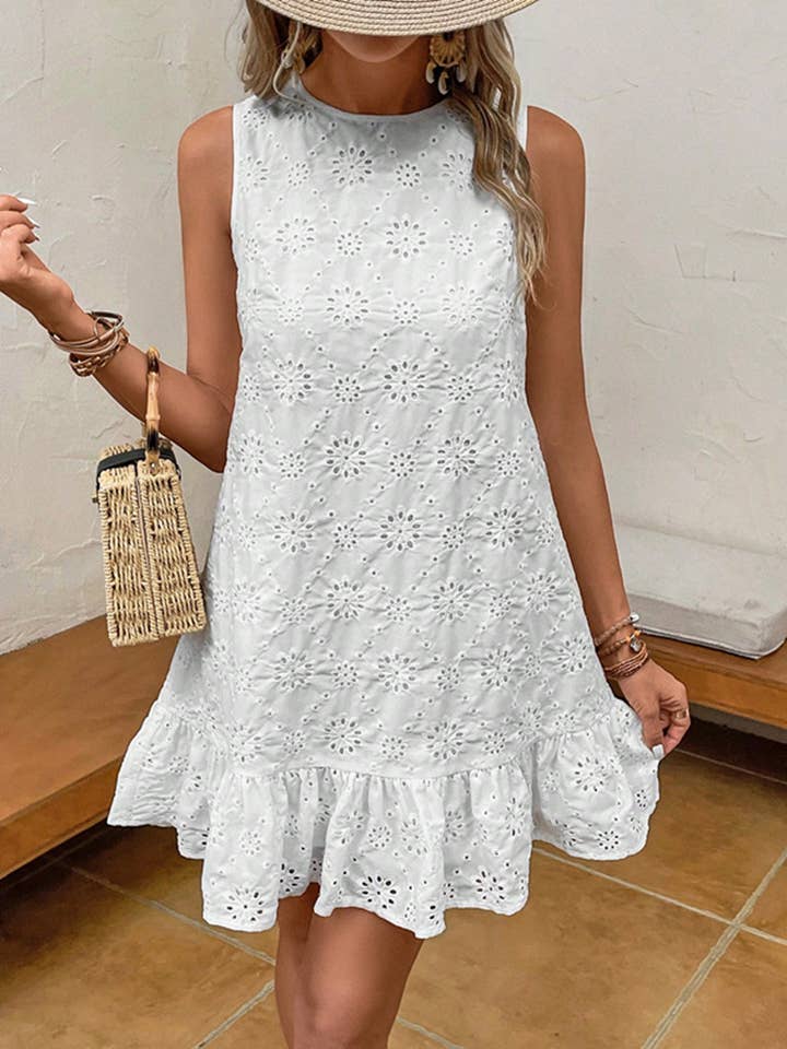 White Bohemian Eyelet Lace Floral Ruffled Hem Vest Dress for wholesale on Faire
