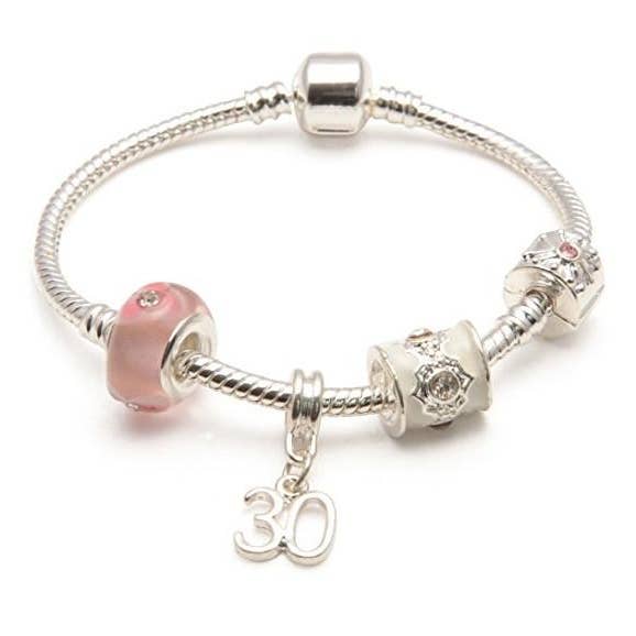 Age 30 'Pink Parfait' Silver Sparkle Charm Bead Bracelet for wholesale by Liberty Charms