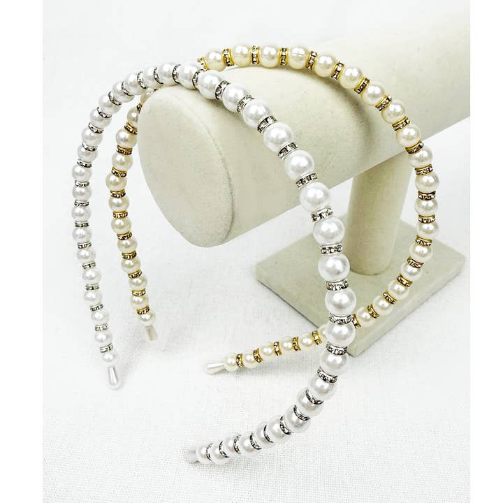 MIX COLOR White and Ivory Shiny Pearl Headband for wholesale on Faire0