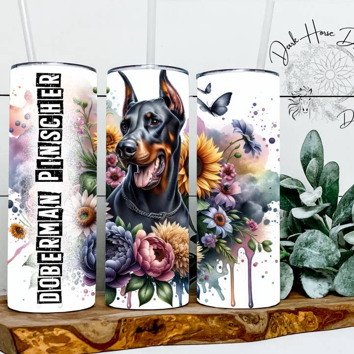 Doberman Pinscher Dog Watercolor Floral Summer Tumbler for wholesale by Dark Horse Dream Designs LLC