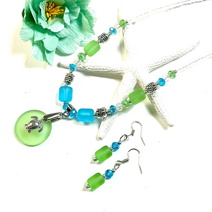 Sea Glass Sea Turtle Necklace Set for wholesale by Devi Creations
