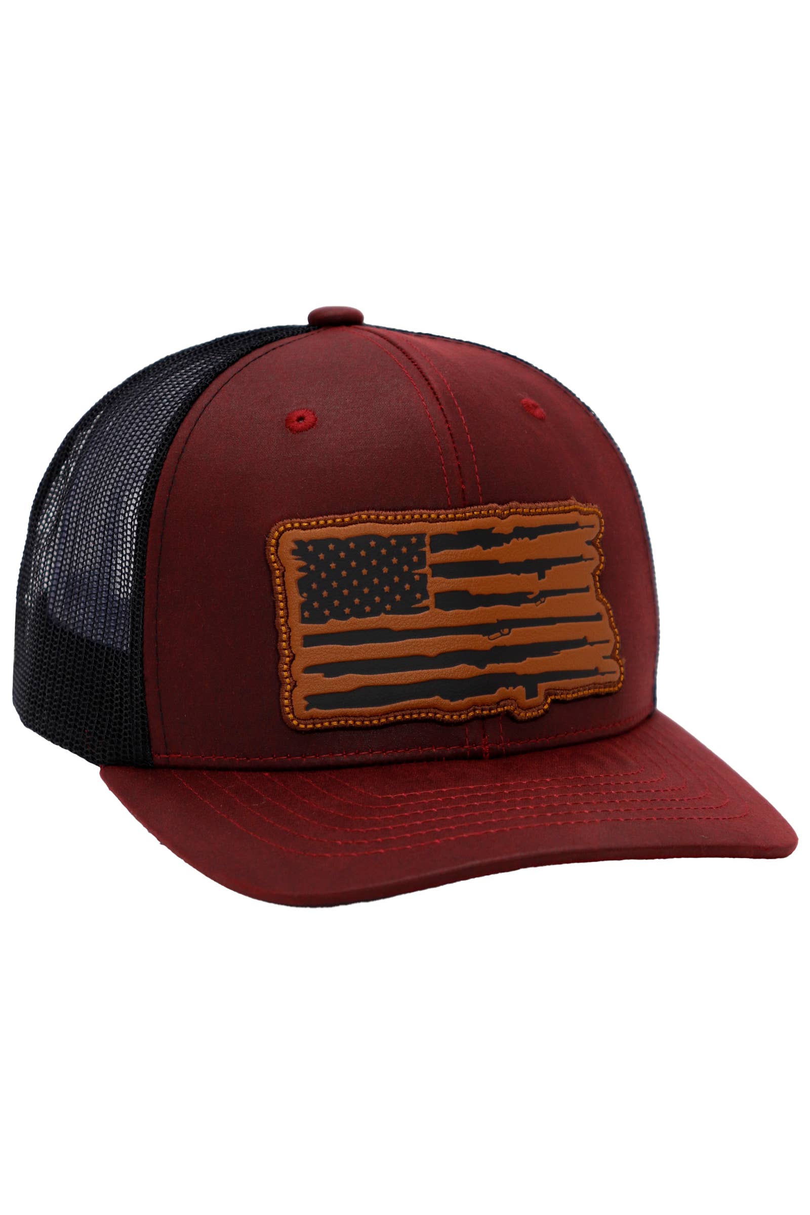Cap Zone - Wholesale Trucker Hat - Unisex - Rifle American Flag Oiled Faux Leather Trucker Hat3