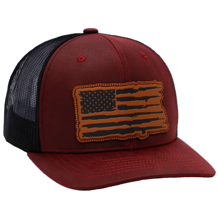 Cap Zone - Wholesale Trucker Hat - Unisex - Rifle American Flag Oiled Faux Leather Trucker Hat3