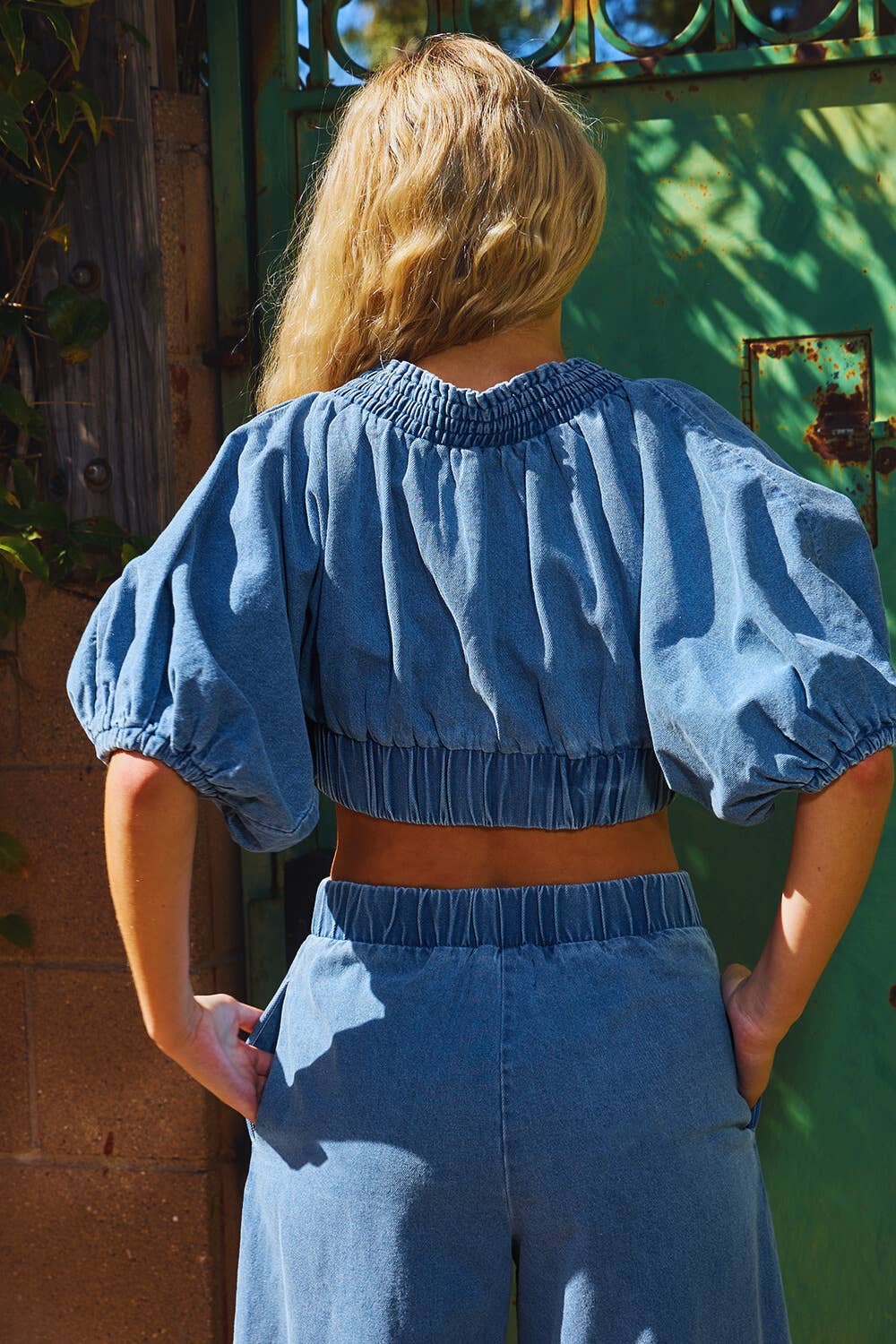 IT2266C Smocked Ruffle V-neck Crop Top Denim Blouse for wholesale on Faire14