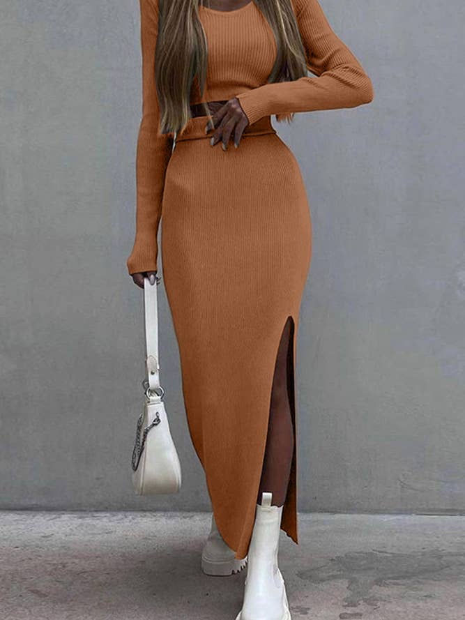 UNISHE - Wholesale Top & Skirt Set - Women's - Plain Rib Knit Crop Top With Skirt Two Pieces Dress ZK692
