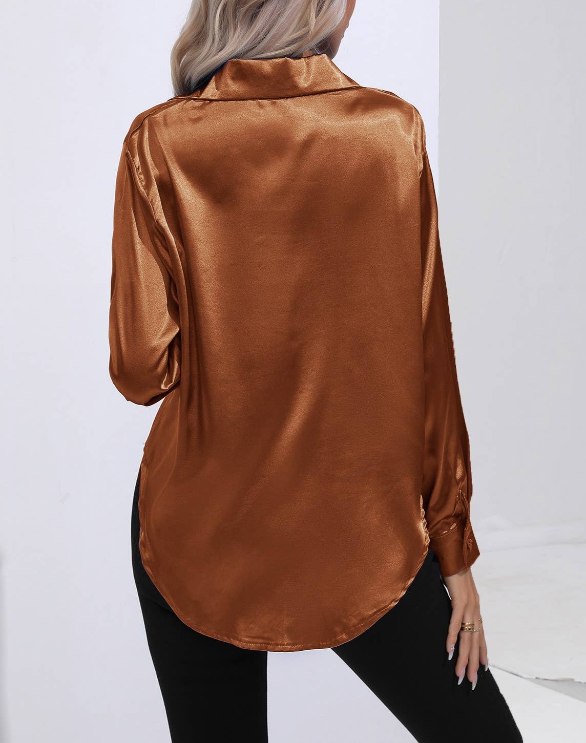 HIDDENBRAND - Wholesale Button Down Shirt - Women's - Satin Faux Silk Long-Sleeved Shirt40