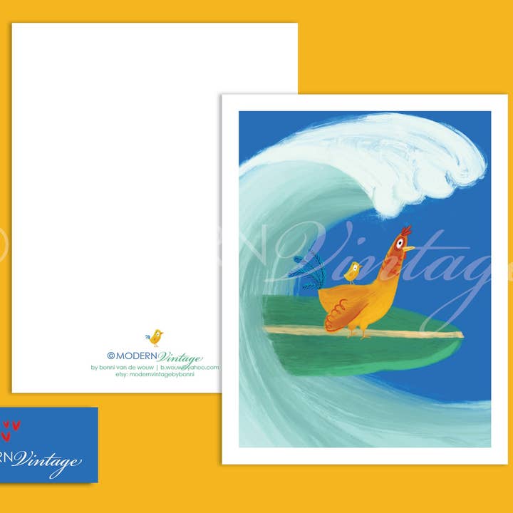 Funky Surfer Chicken Illustrated Blank Note Card for wholesale by Modern Vintage Design Studio