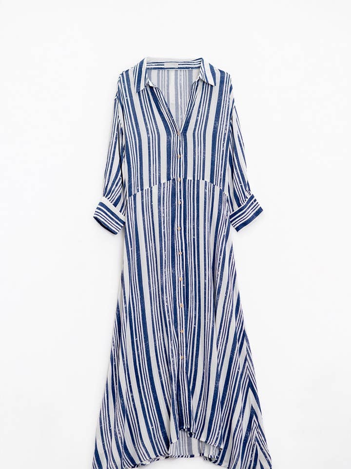 Striped Maxi Shirt Dress With 3/4 Sleeve and Belt in Blue an for wholesale on Faire