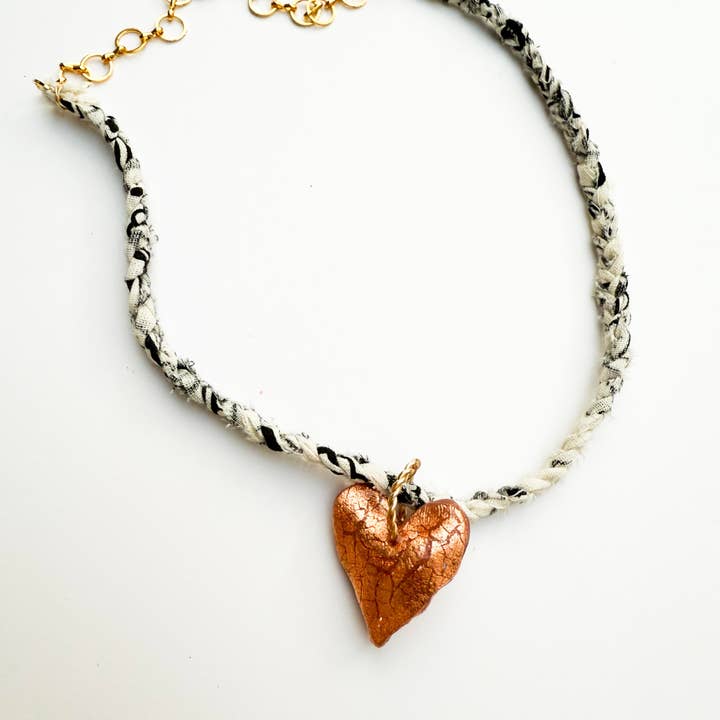 Chic’d Out - Wholesale Pendant/Charm Necklace - Cream Bandana with Copper Leafed Heart Necklace
