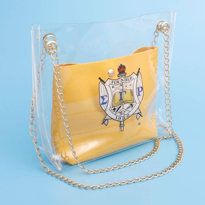Gold and Blue Shoulder Bag Yellow SGRHO Sorority Purse for Women for wholesale on Faire