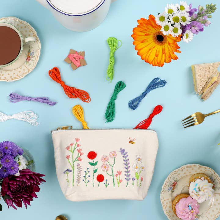 Stitch Your Flowers Zip Pouch - Floral Embroidery Kit for wholesale by Chasing Threads