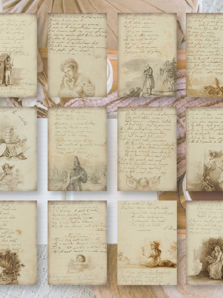 Vecchia carta effimera di diario | 7,4 x 10,5 cm | 3×8 disegni per la vendita all'ingrosso da parte di Plan & Plot Studio