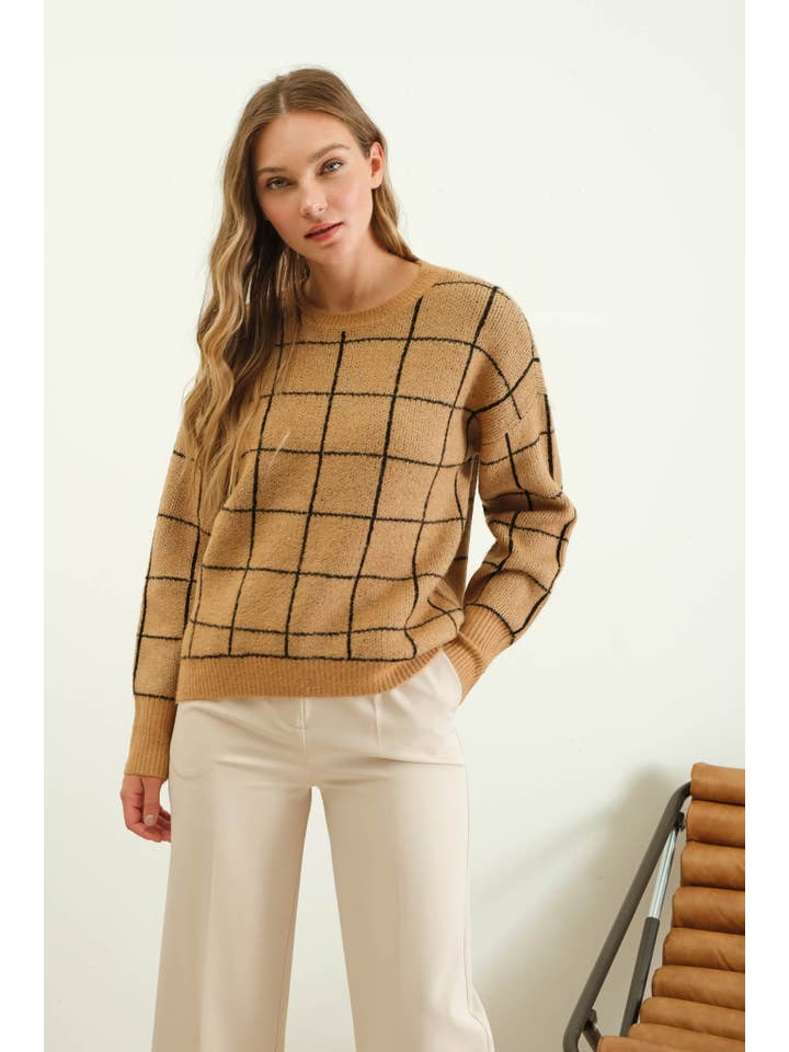 The Workshop Studio - Wholesale Knit Sweater - Women's - GRID PRINT CREW NECK KNIT PULLOVER SWEATER