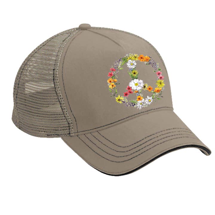 SF Mercantile - Wholesale Trucker Hat - Unisex - Floral Peace Sign cotton Twill/Mesh Back Trucker Hat1