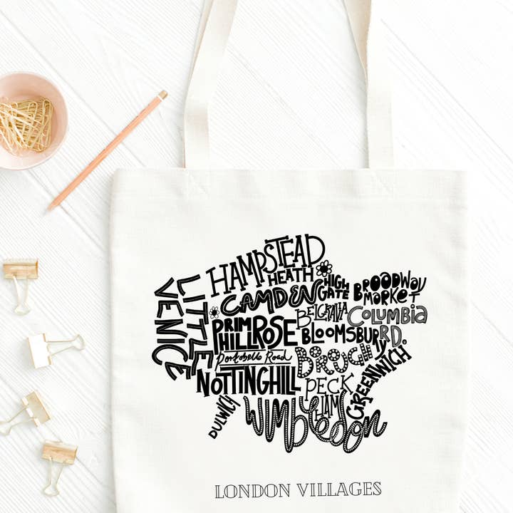 London Villages Typographic Tote Bag for wholesale by Love British Lifestyle