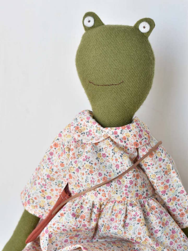 Fern the Frog doll- Spring floral Gather Dress for wholesale by Woolgrass Farm