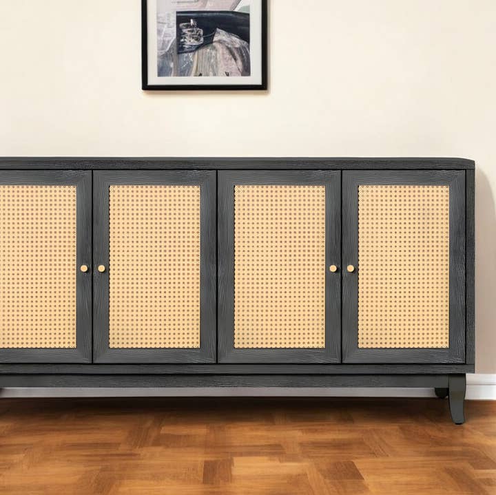 65" Charcoal and Natural Wood and Rattan Sideboard with Four for wholesale by HomeRoots