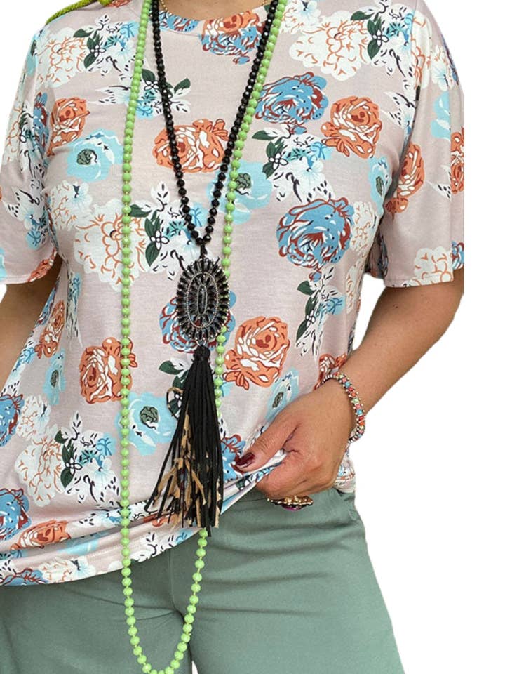 Neutral Western Floral Short Sleeve Top for wholesale by The Bling Barn