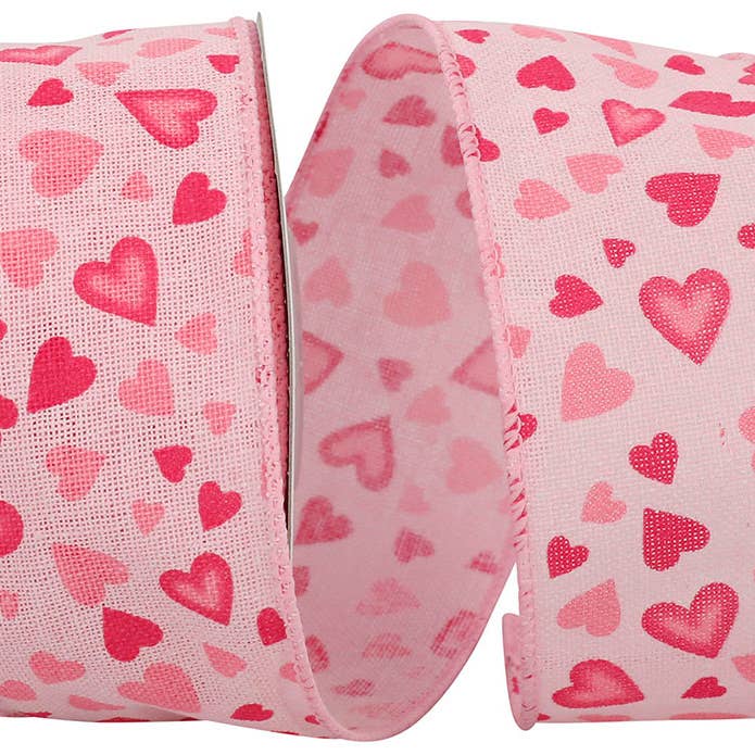 Hearts Hopsack Tossed Wired Edge, Pink, 2-1/2 In, 10 Yards for wholesale by RELIANT RIBBON