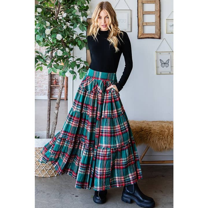 Oli&Hali - Wholesale Skirt - Women's - MINERAL WASHED PLAID TIERED MAXI SKIRT