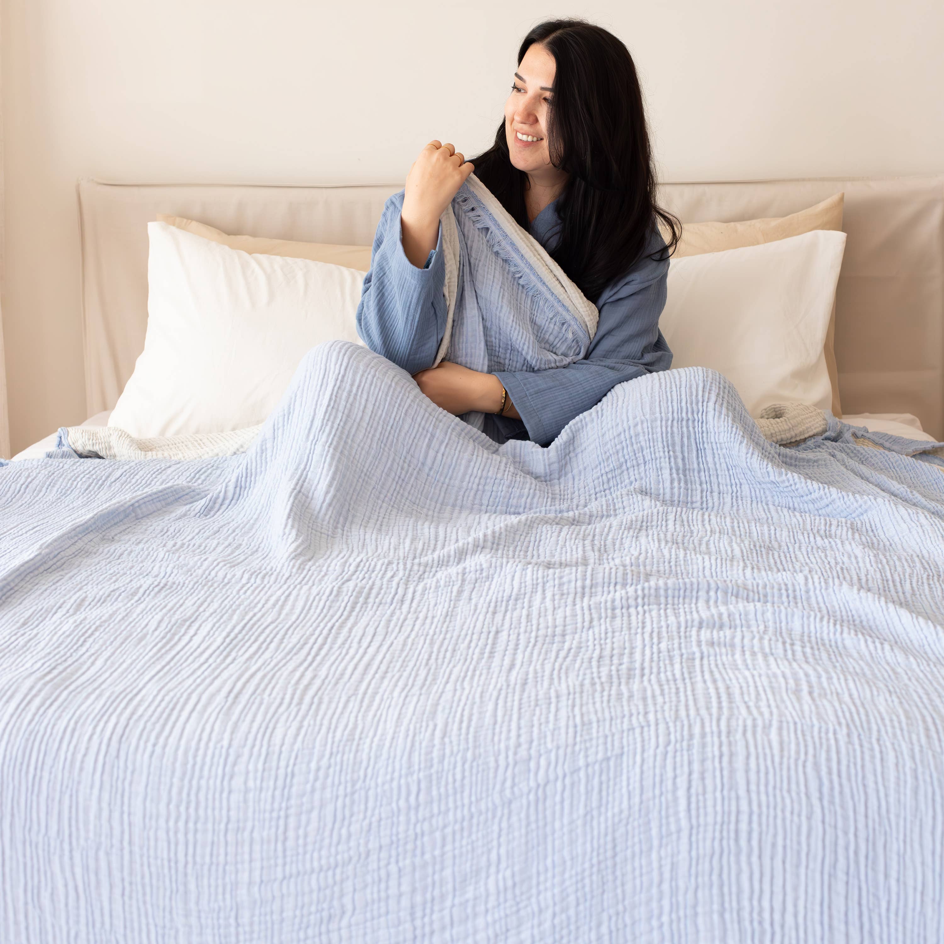 Vivamaison - Vente Plaids - Couvre-lit en mousseline frangé 100 % coton doux, 4 couches premium4