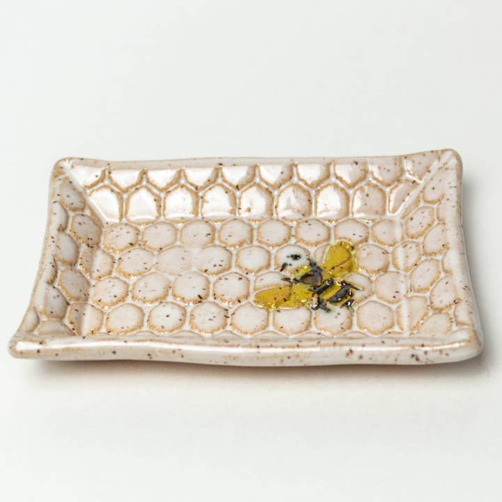 White Squirrel Clayworks - Wholesale Jewelry Dish - Bee Pattern Handmade Ceramic White Trinket Dish