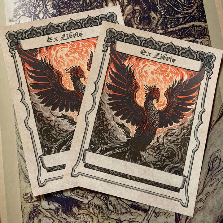 Phoenix Rising From the Flames, Ex-Libris Bookplates for wholesale by Ebon et Noir LLC