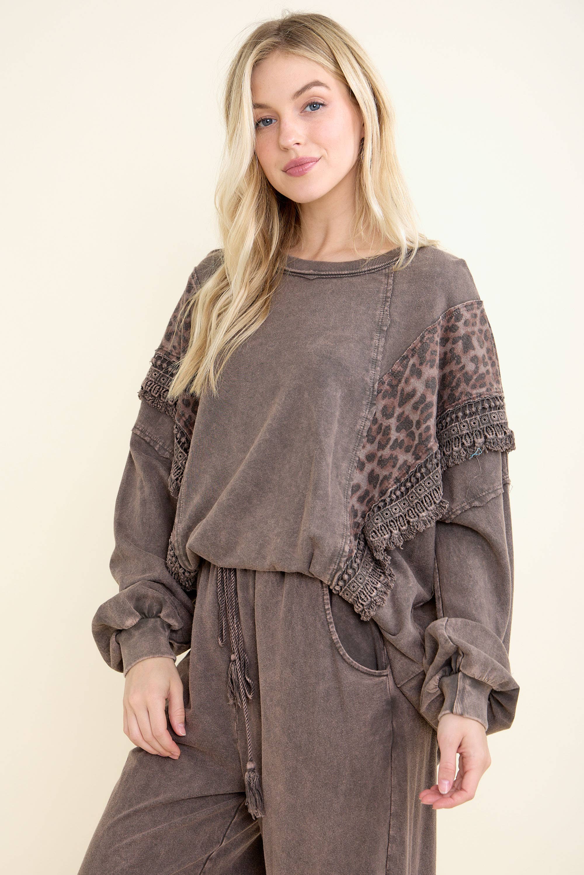 J.Her - Wholesale Blouse - Women's - Mineral Washed Cheetah Leopard Fringe tassel top HT67220
