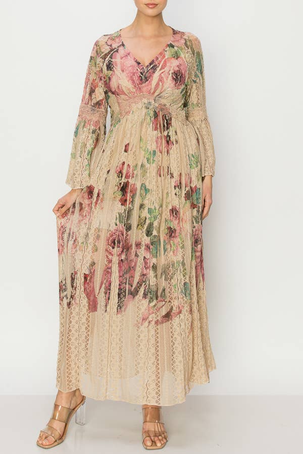 Origami Apparel ~  Lace and Crochet inspired – Vestido - Mulher por atacado – Vestido Midi Romântico em Linha A com Mangas de Sino em Renda - 4658TP-GRANDE ROSA1