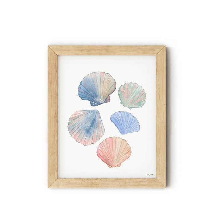 KelseyMDesigns - Wholesale Art Print - Seashells Beach Art, Coastal Watercolor Wall Art