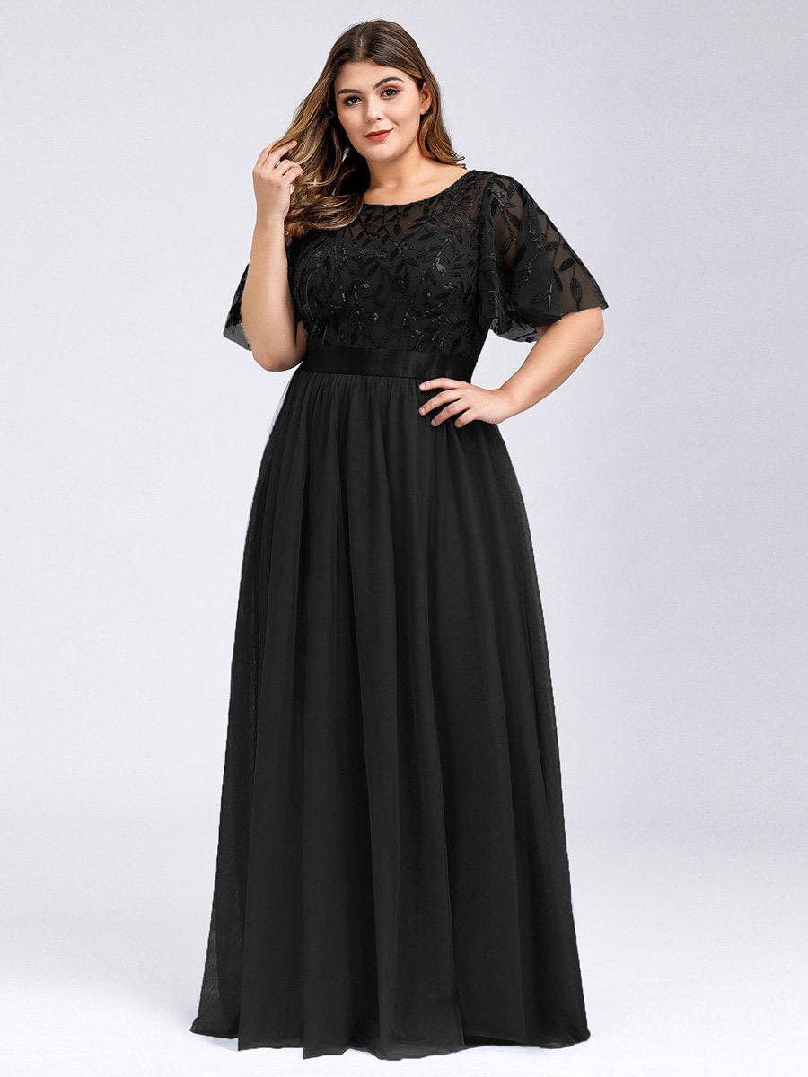 Ever-Pretty - Vente Robe de soirée – femme - Robe de soirée grande taille à imprimé pailleté avec manches courtes volantées3