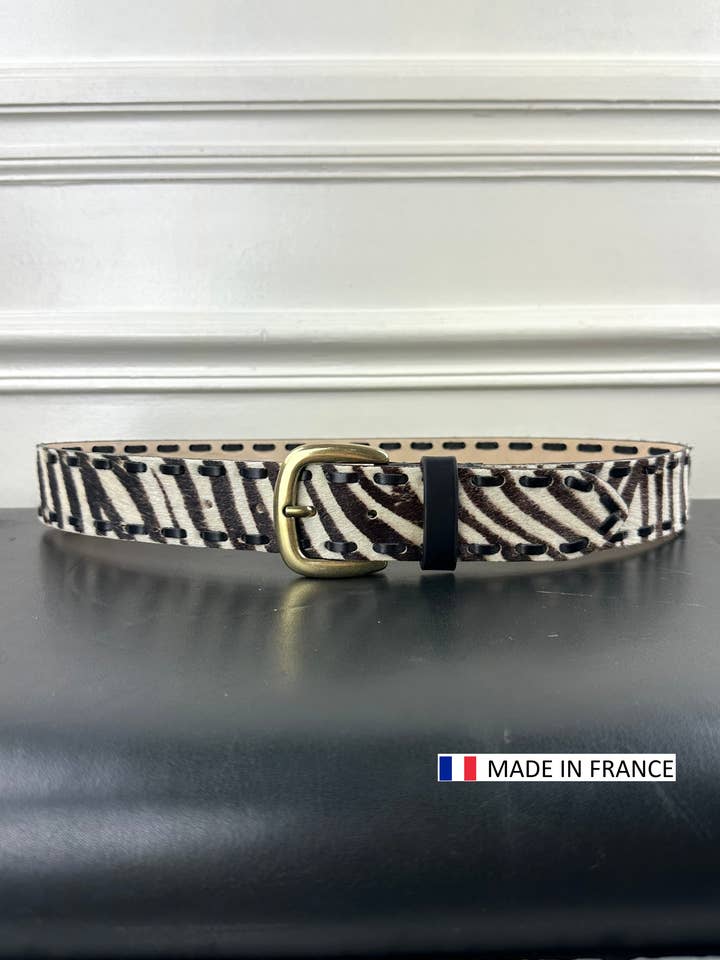 Zebra pony-effect leather belt 40mm - bronze buckle for wholesale by JULIA PARIS