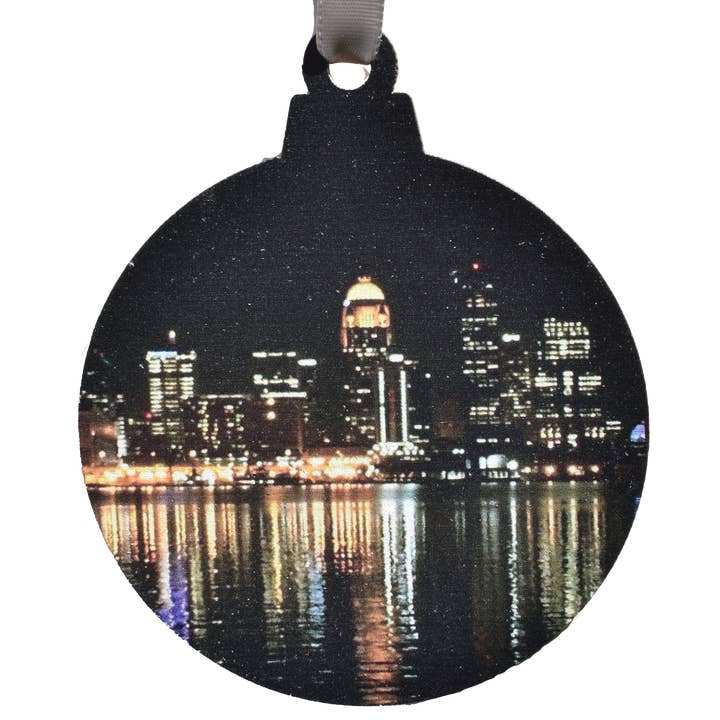 Louisville Night Skyline Shape Printed Wooden Ornament for wholesale by Layne Wilson