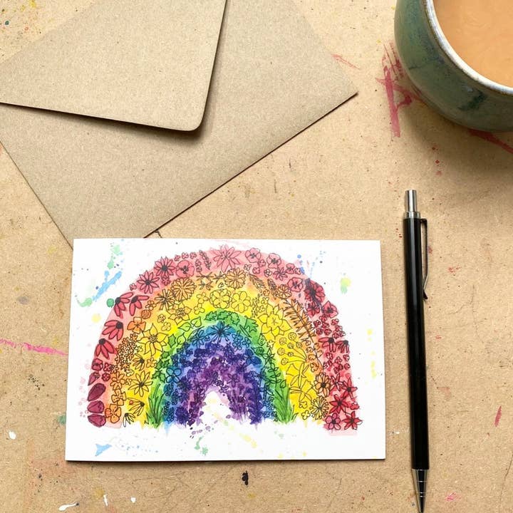 Flowery Rainbow Card x5 for wholesale by Badibidu Watercolours