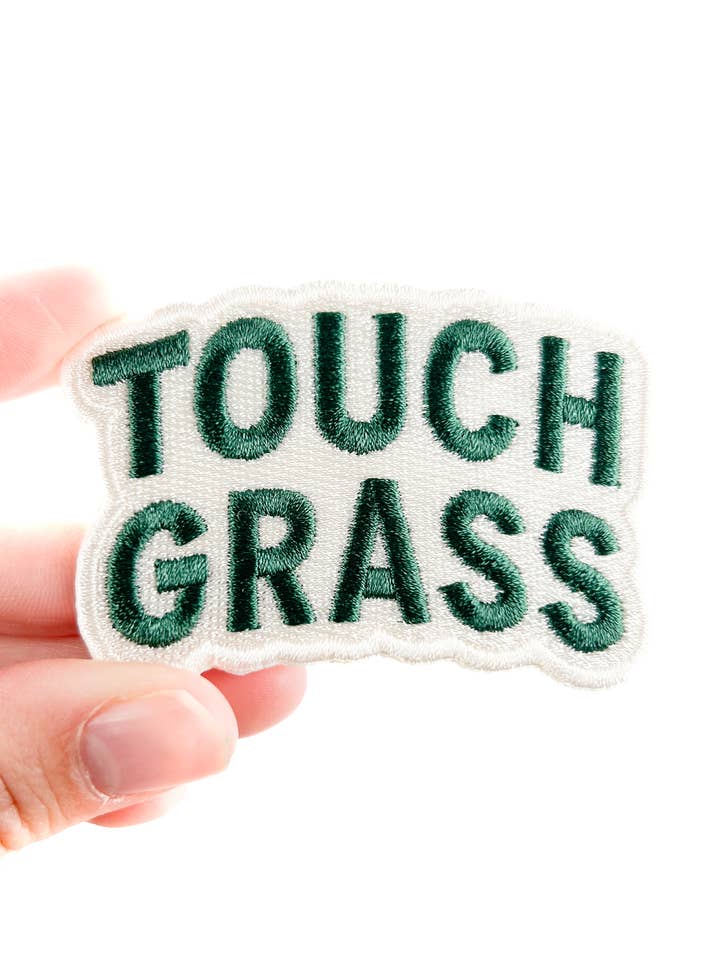 Touch Grass Embroidered Patch Funny Outdoors Iron On Patch for wholesale by Field Trip Threads