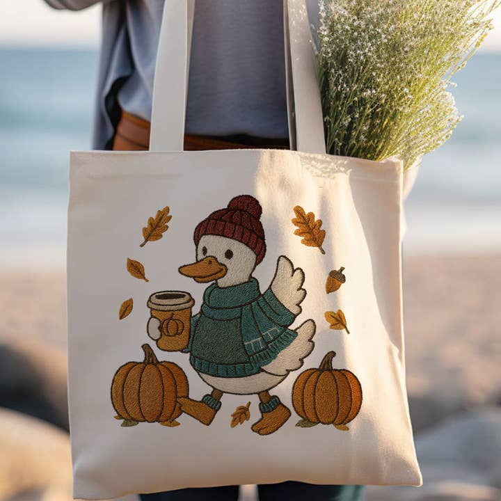 Sister Ray - Wholesale Tote Bag - Women's - Goose Coffee Pumpkin Fall Embroidered Looking Tote Bag0