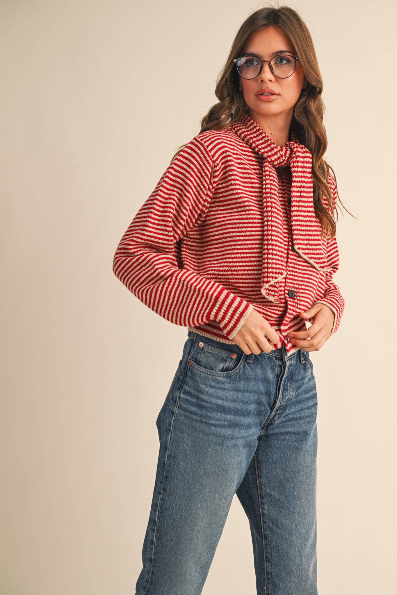 &MERCI - Wholesale Knit Sweater - Women's - STRIPED TYING NECK SWEATER CARDIGAN MSW1112513