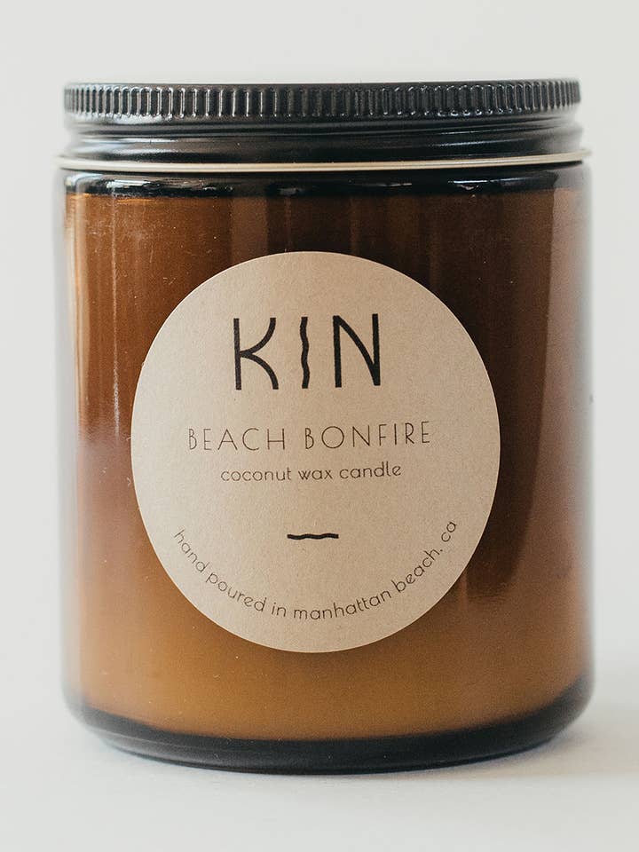 Beach Bonfire- 8oz Amber Jar for wholesale by Kin Candle Co.