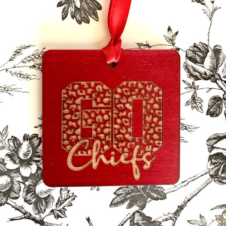Kansas City Chiefs Red Wood Engraved Ornament Gift Option for wholesale by The Brassy Explorer