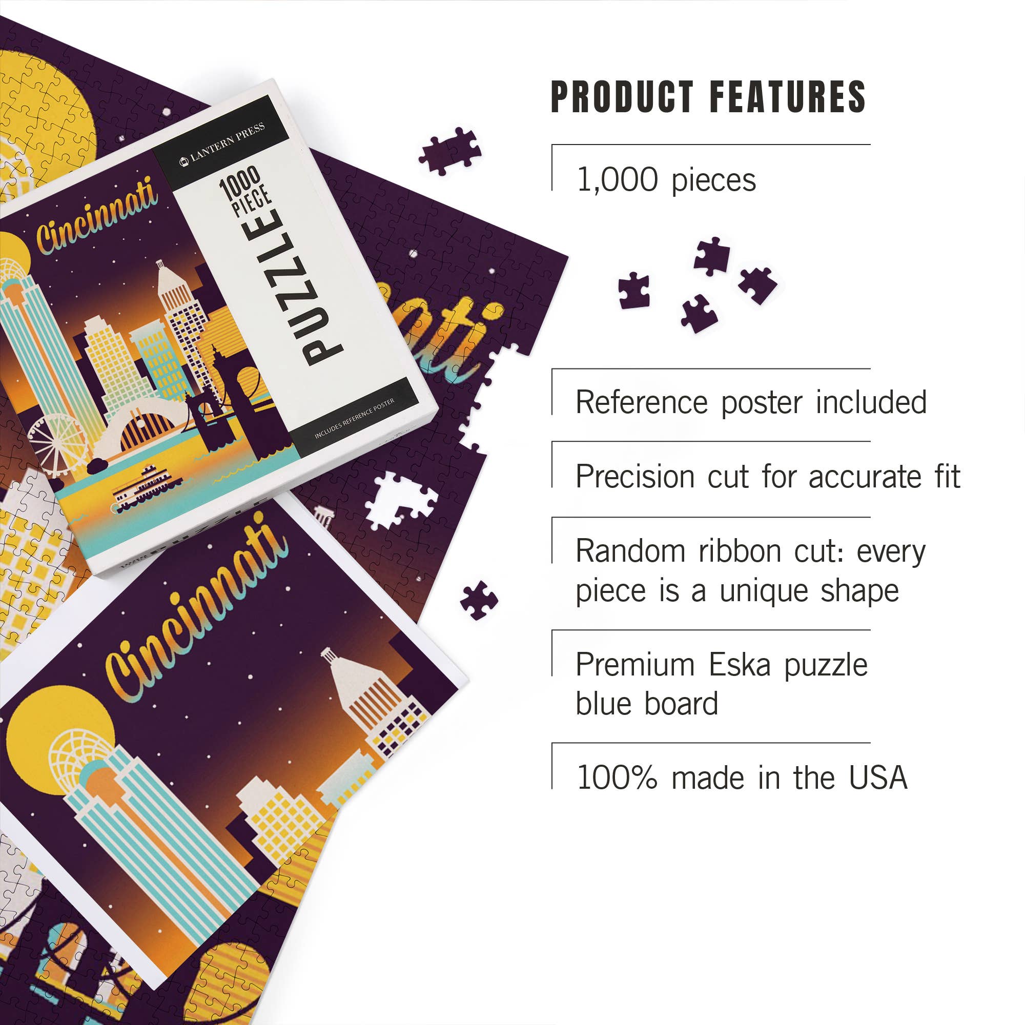 Lantern Press – wholesale Puzzle – Adult – 1000 PIECE PUZZLE Cincinnati, Ohio, Retro Skyline Chromatic2