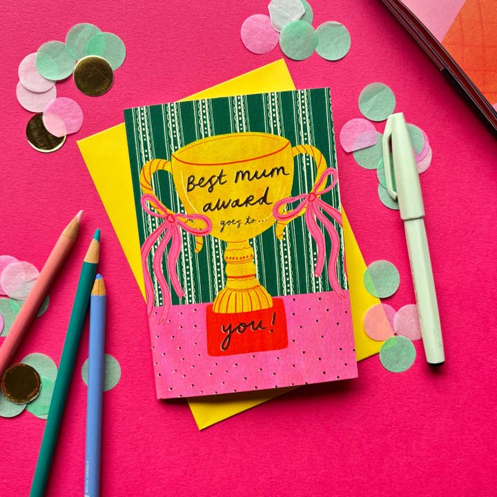 World's Best Mum Trophy Greetings Card | Best Mum Award | Mother's Day | Birthday | Cute, heartfelt, quirky greetings card for wholesale by Kerrie Illustrates