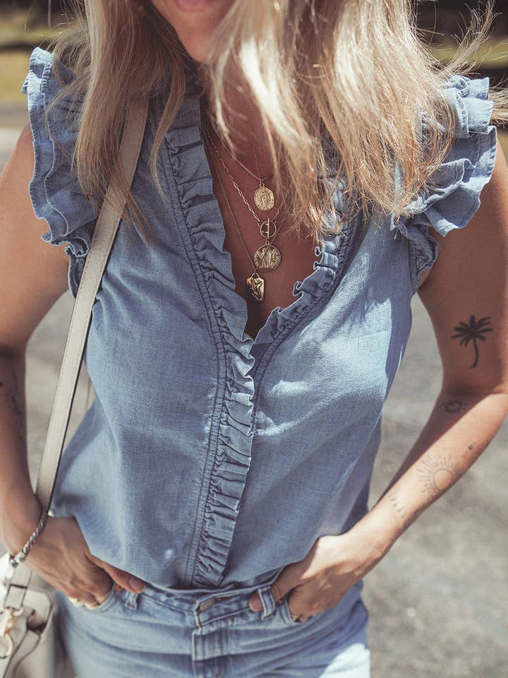 LDC Frilly Ruffle Trim V Neck Chambray Tank Top for wholesale by Little Daisy Closet