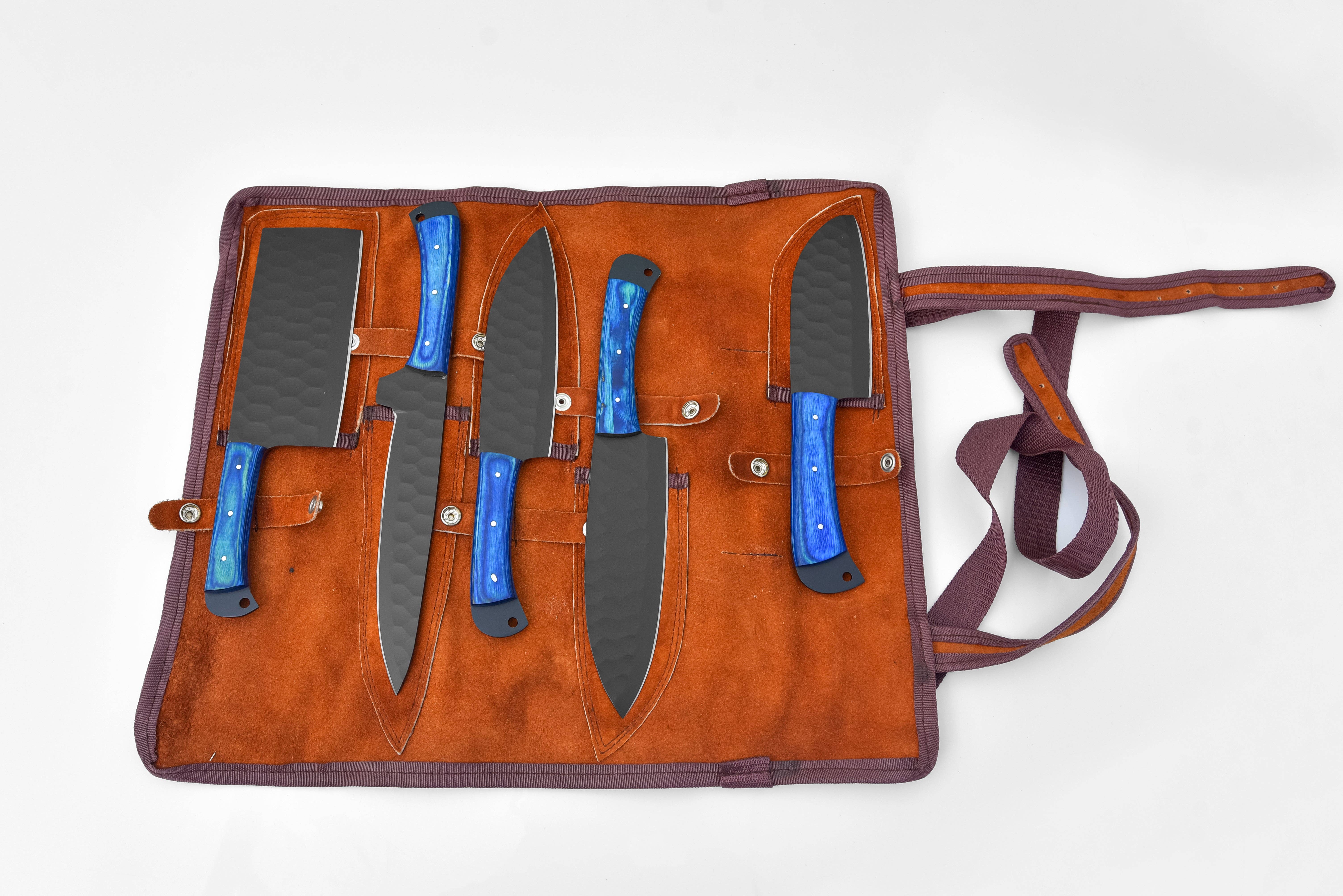 Titan International - Wholesale Knife Set - 5-Piece  Knife Set / With Leather carry Bag Blue2