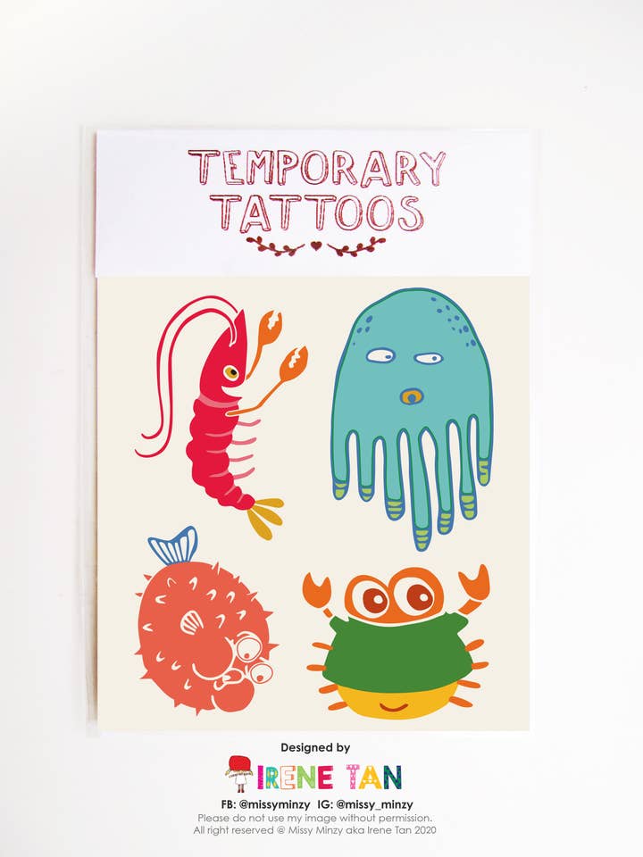 Blowfish Crab Shrimp Temporary Tattoos for wholesale by Missy Minzy