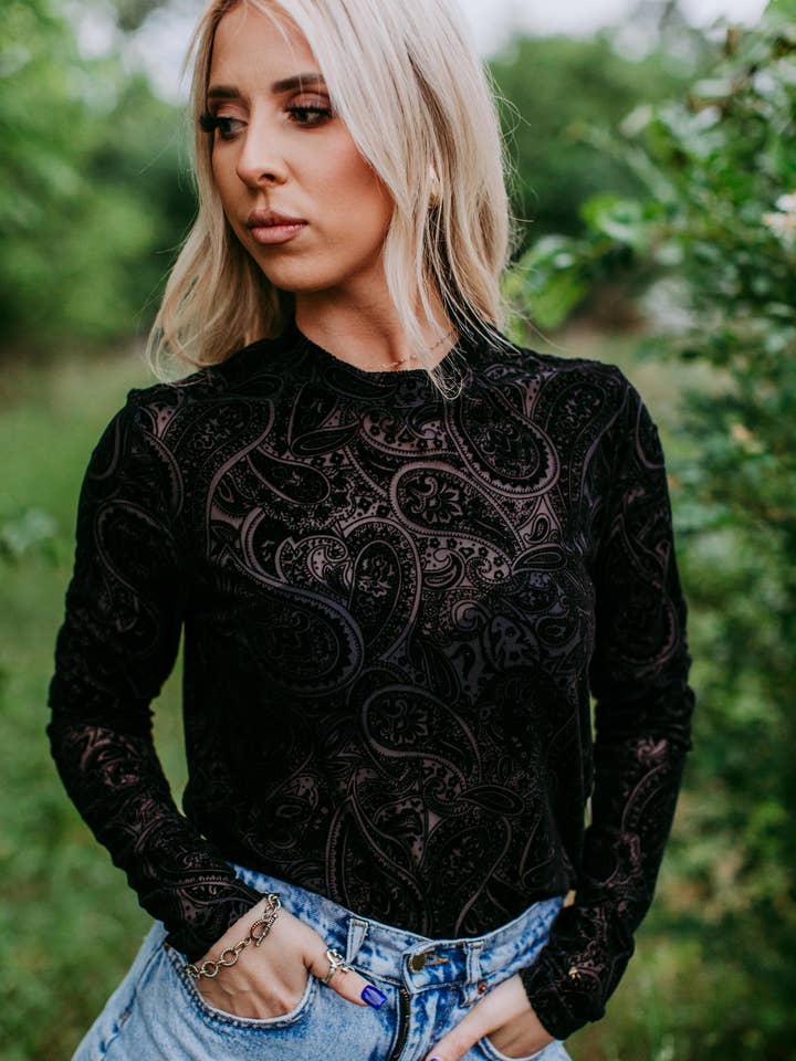 Black MK420 Saddle Up Velvet Long Sleeve Mesh Top for wholesale on Faire